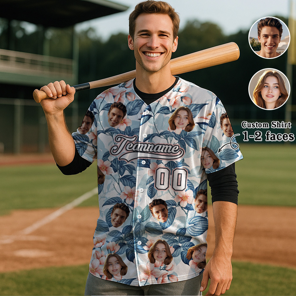 Custom Hawaiian Baseball Jersey with Face Teamname Name Number Personalized Hawaii Floral Shirt for Men Women - FaceBoxerUK