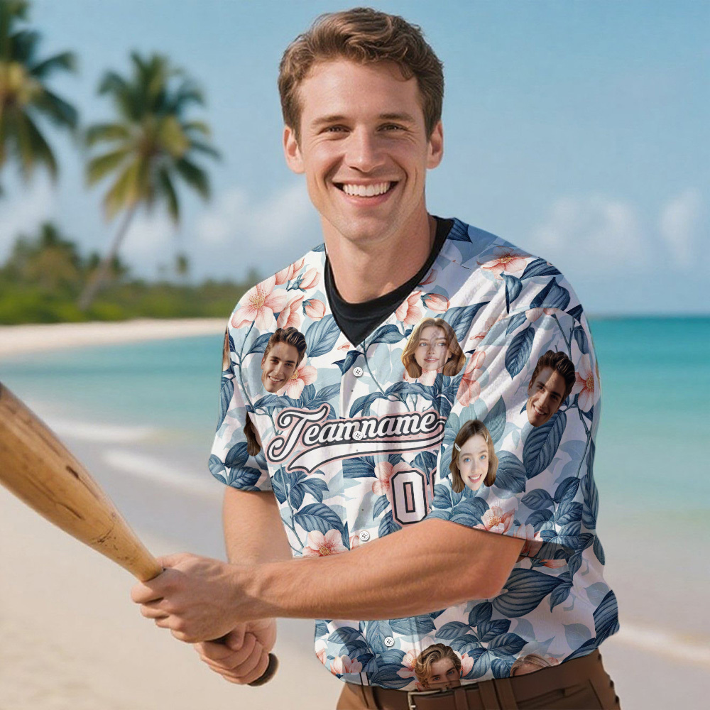 Custom Hawaiian Baseball Jersey with Face Teamname Name Number Personalized Hawaii Floral Shirt for Men Women - FaceBoxerUK