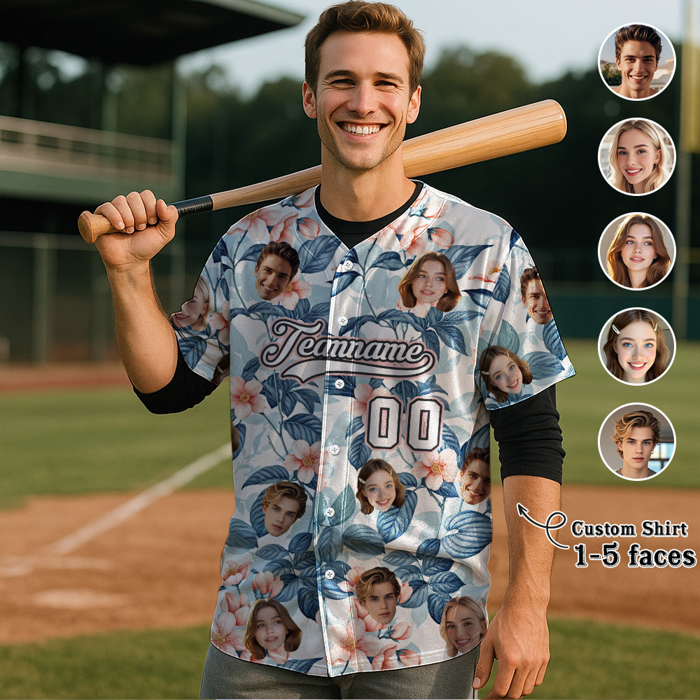 Custom Hawaiian Baseball Jersey with Face Teamname Name Number Personalized Hawaii Floral Shirt for Men Women - FaceBoxerUK