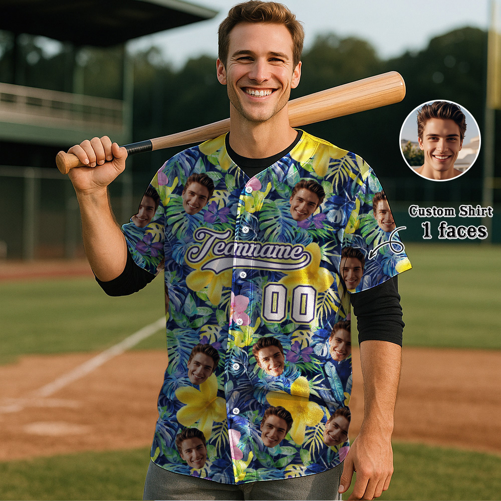 Custom Hawaiian Baseball Jersey with Face Teamname Name Number Personalized Hawaii Floral Shirt for Men Women - FaceBoxerUK