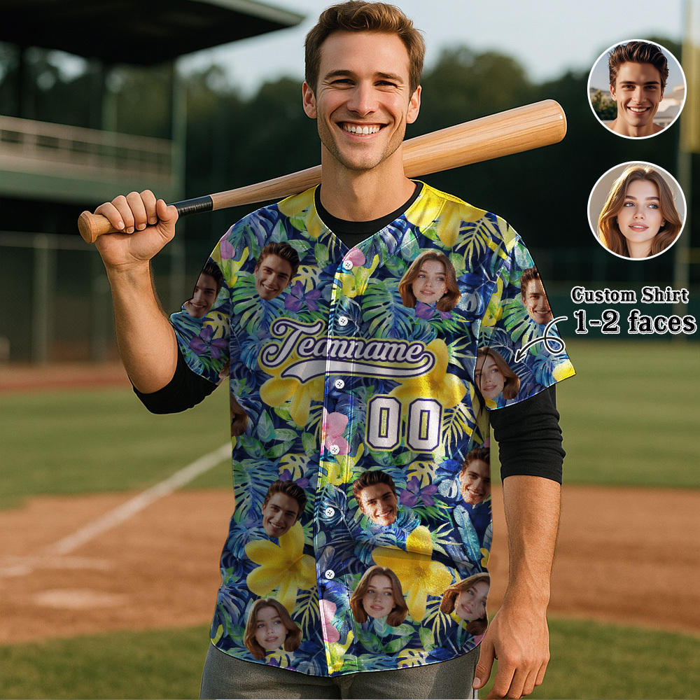 Custom Hawaiian Baseball Jersey with Face Teamname Name Number Personalized Hawaii Floral Shirt for Men Women - FaceBoxerUK