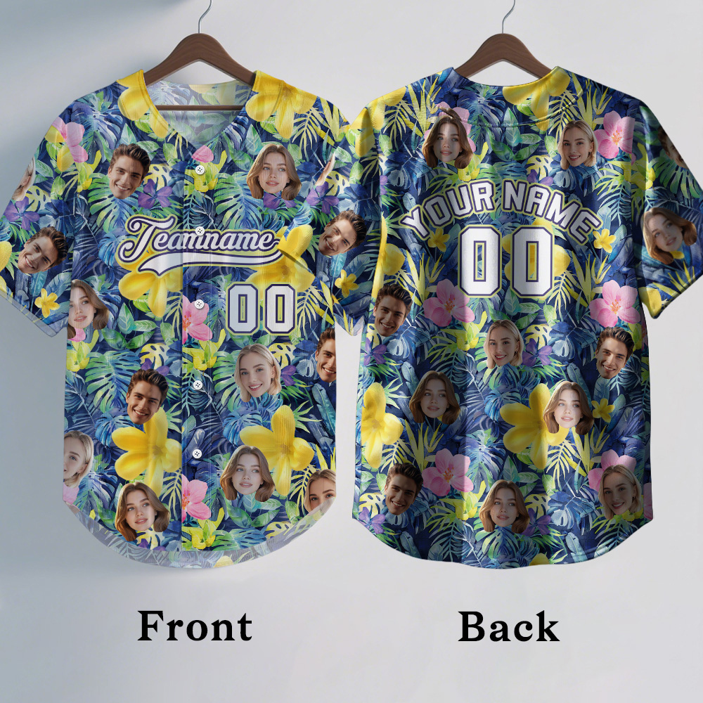 Custom Hawaiian Baseball Jersey with Face Teamname Name Number Personalized Hawaii Floral Shirt for Men Women - FaceBoxerUK