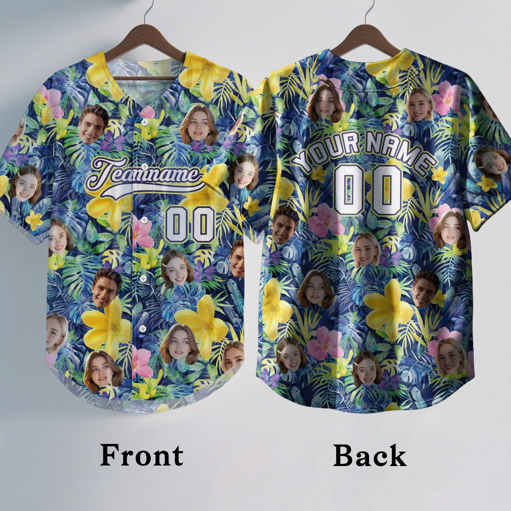 Custom Hawaiian Baseball Jersey with Face Teamname Name Number Personalized Hawaii Floral Shirt for Men Women - FaceBoxerUK