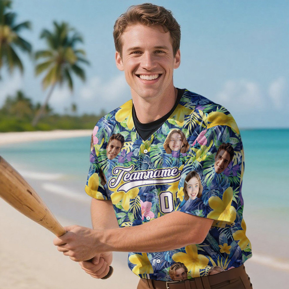 Custom Hawaiian Baseball Jersey with Face Teamname Name Number Personalized Hawaii Floral Shirt for Men Women - FaceBoxerUK