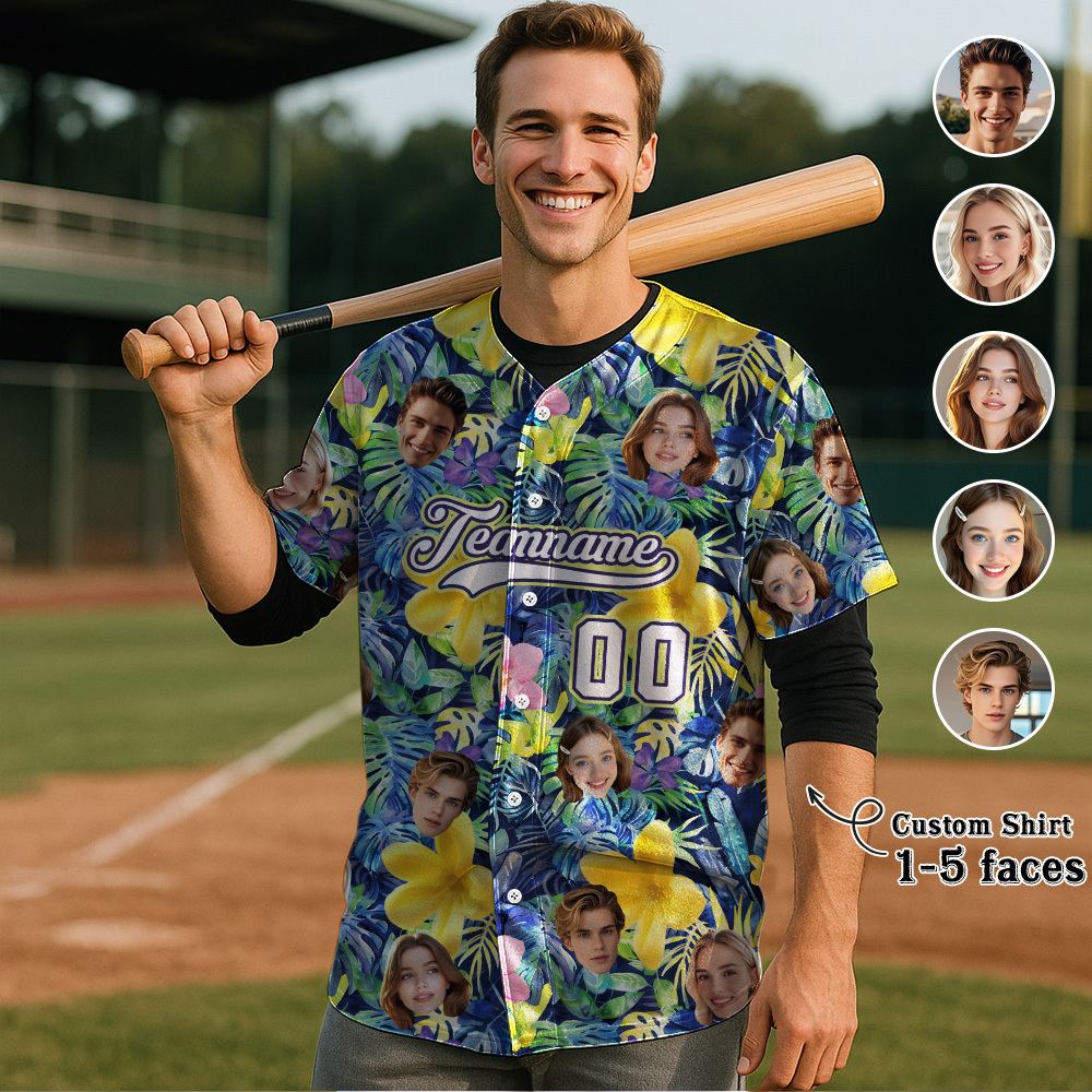 Custom Hawaiian Baseball Jersey with Face Teamname Name Number Personalized Hawaii Floral Shirt for Men Women - FaceBoxerUK