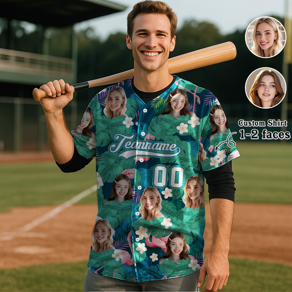 Custom Hawaiian Baseball Jersey with Face Teamname Name Number Personalized Hawaii Floral Shirt for Men Women - FaceBoxerUK
