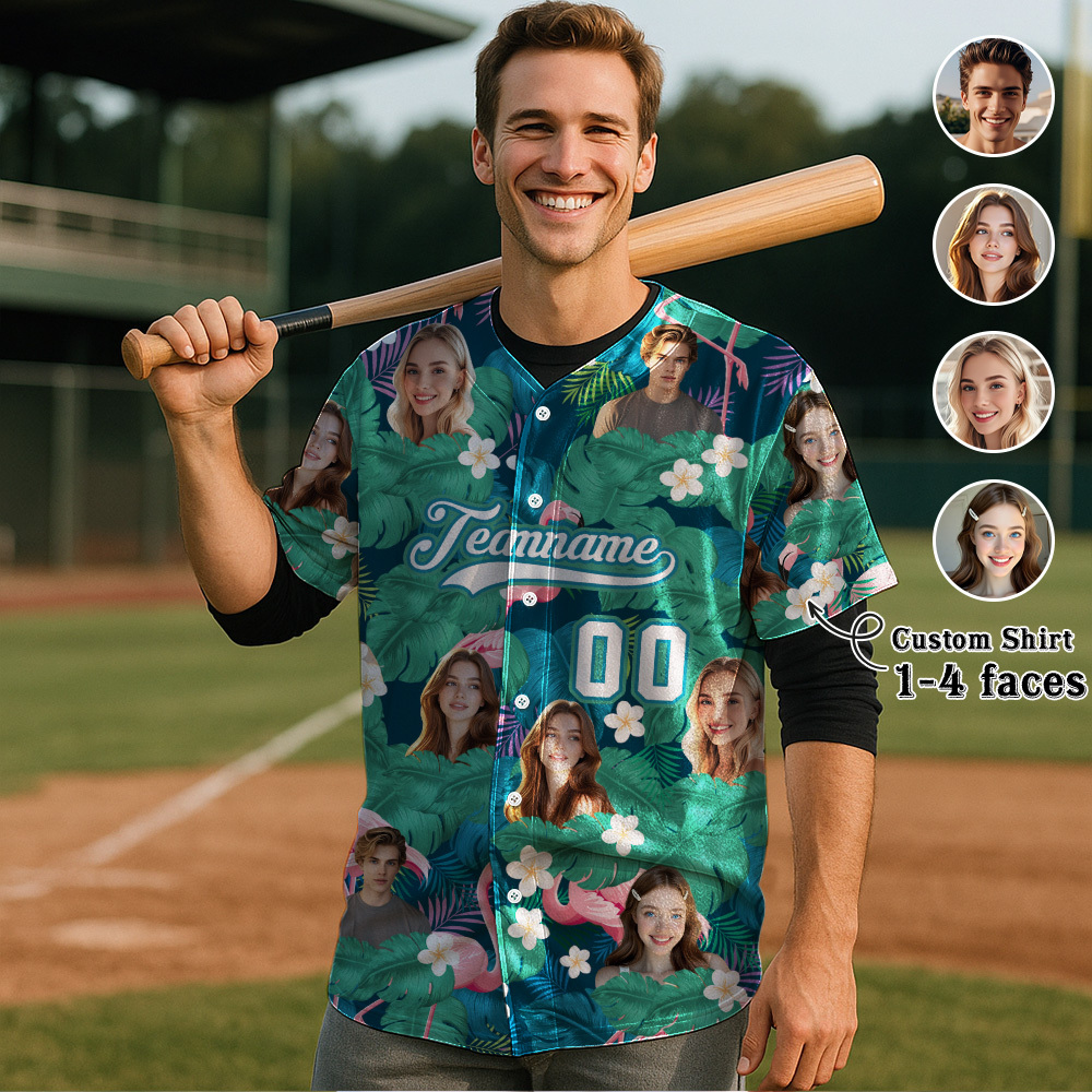 Custom Hawaiian Baseball Jersey with Face Teamname Name Number Personalized Hawaii Floral Shirt for Men Women - FaceBoxerUK