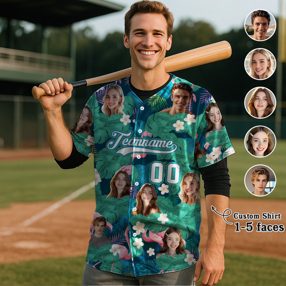 Custom Hawaiian Baseball Jersey with Face Teamname Name Number Personalized Hawaii Floral Shirt for Men Women - FaceBoxerUK