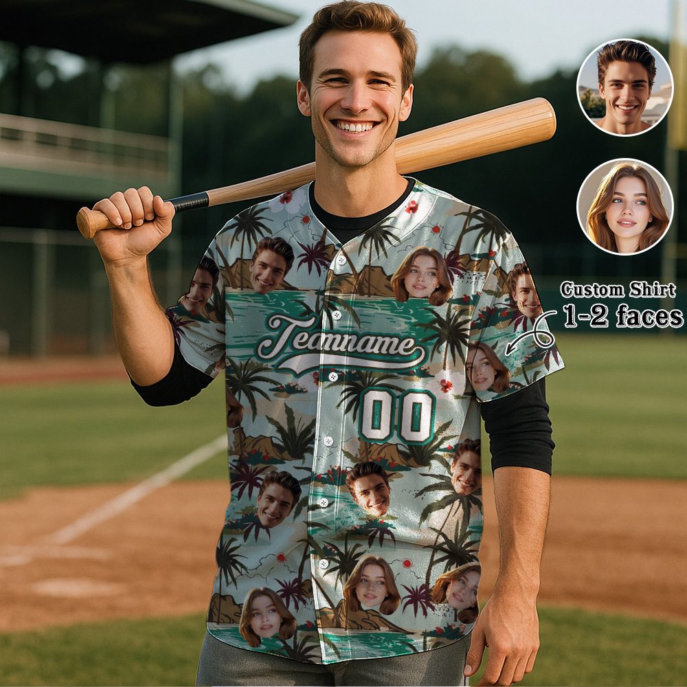 Custom Hawaiian Baseball Jersey with Face Teamname Name Number Personalized Hawaii Floral Shirt for Men Women - FaceBoxerUK