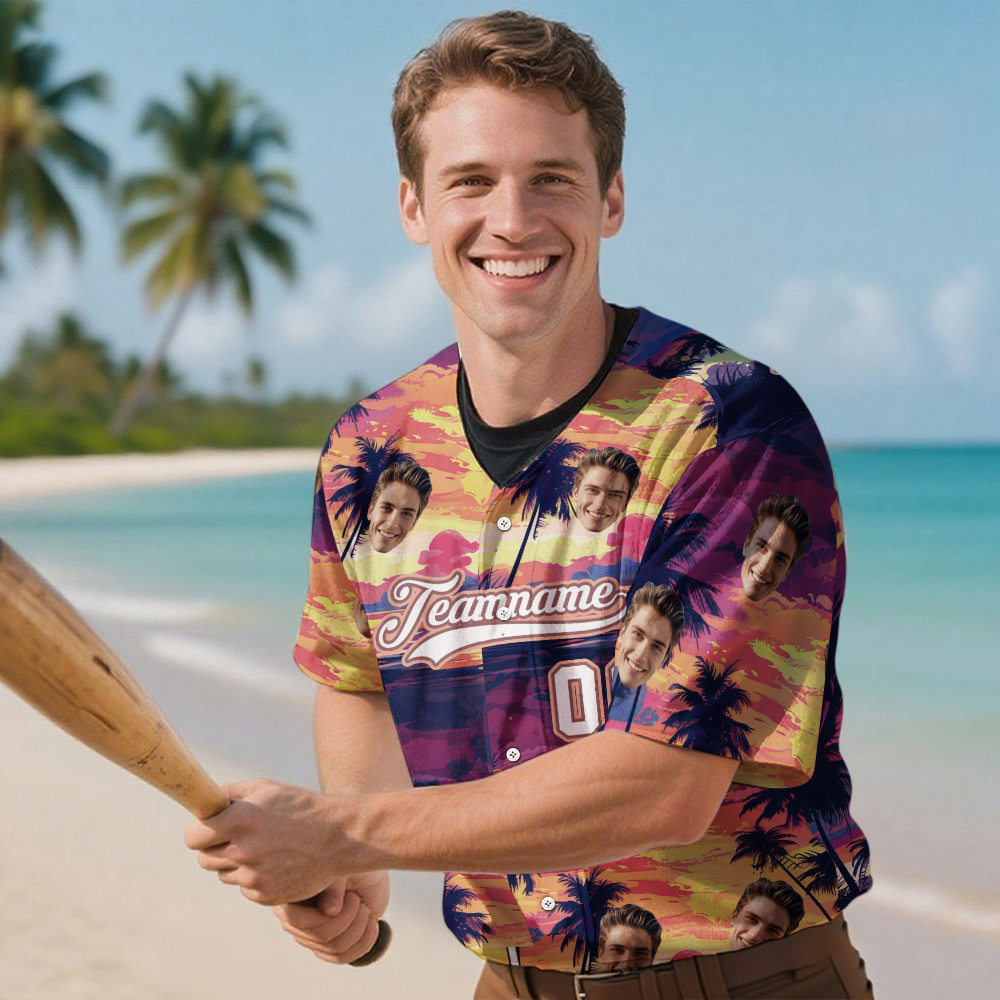 Custom Hawaiian Baseball Jersey with Face Teamname Name Number Personalized Hawaii Floral Shirt for Men Women - FaceBoxerUK