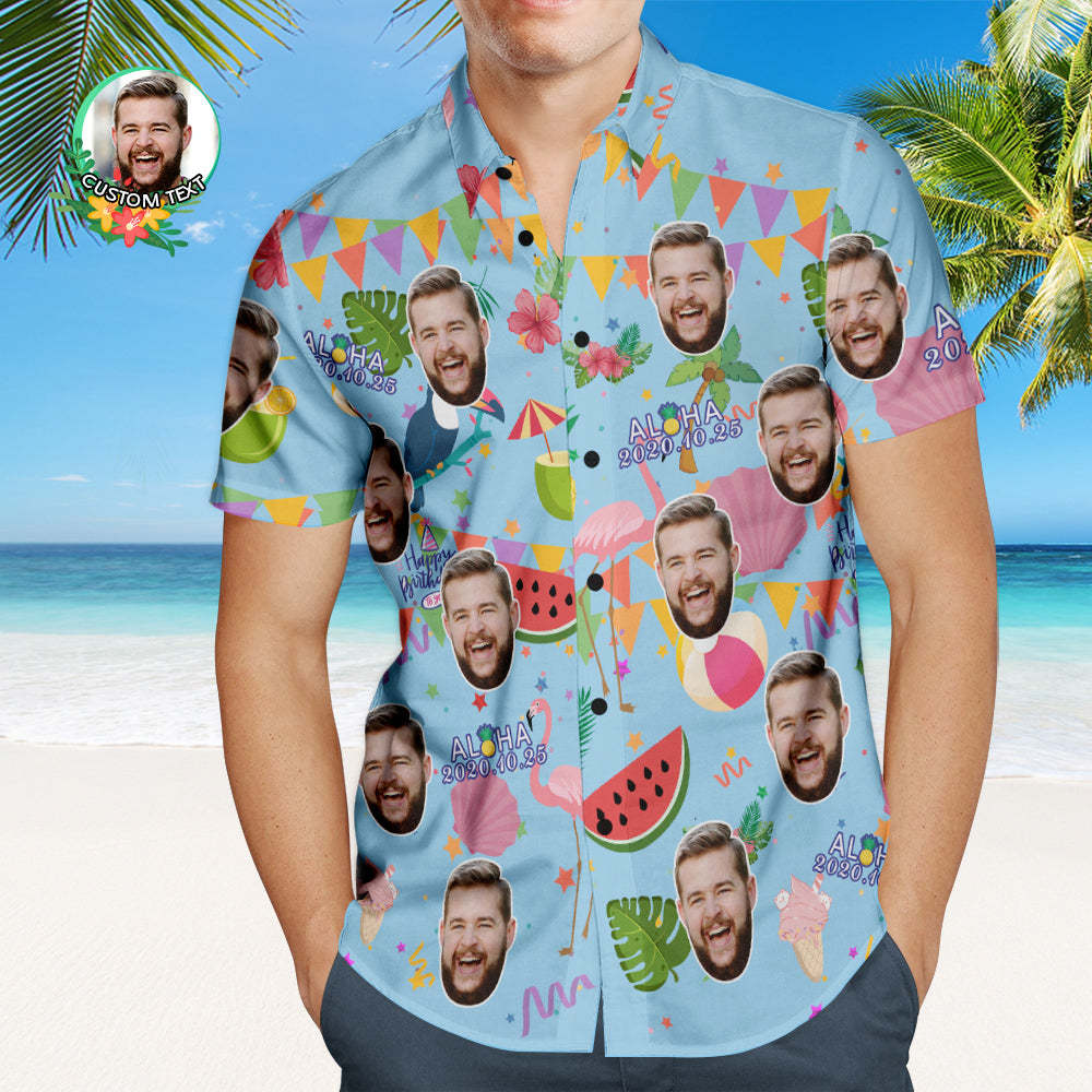 Custom Aloha Birthday Party Hawaiian Shirt Personalised Shirt with Your Face and Birthday Date - FaceBoxerUK