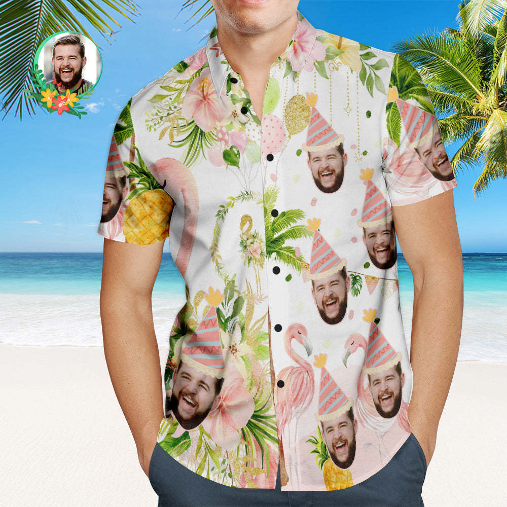 Custom Flamingo Birthday Party Hawaiian Shirt Personalised Face Shirt - FaceBoxerUK