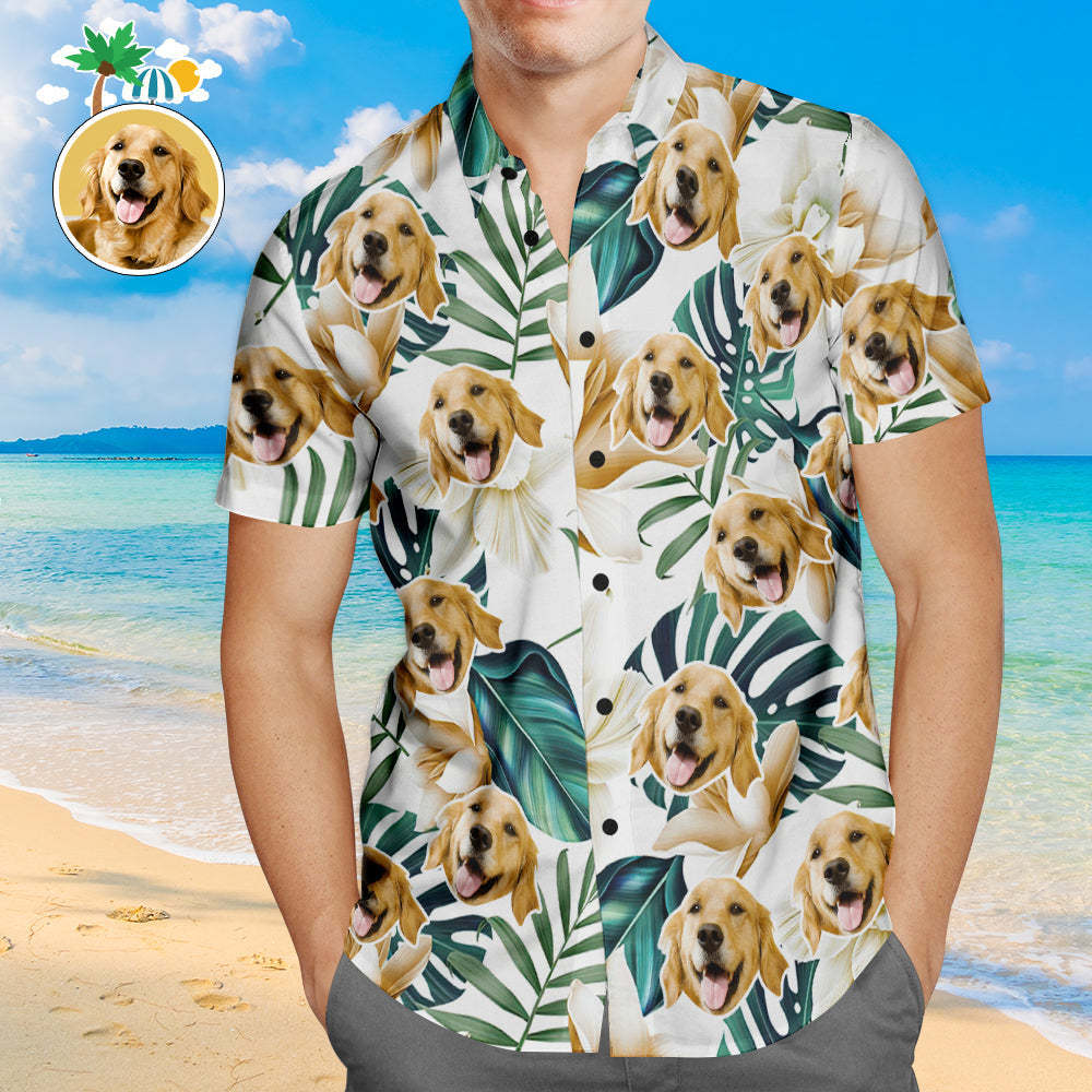 Custom Face Hawaiian Shirt White Flowers Personalised Aloha Beach Shirt for Pet Lover - FaceBoxerUK