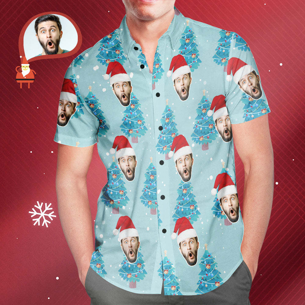 Custom Face All Over Print Blue Hawaiian Shirt Christmas Tree Style Gift for Him - FaceBoxerUK