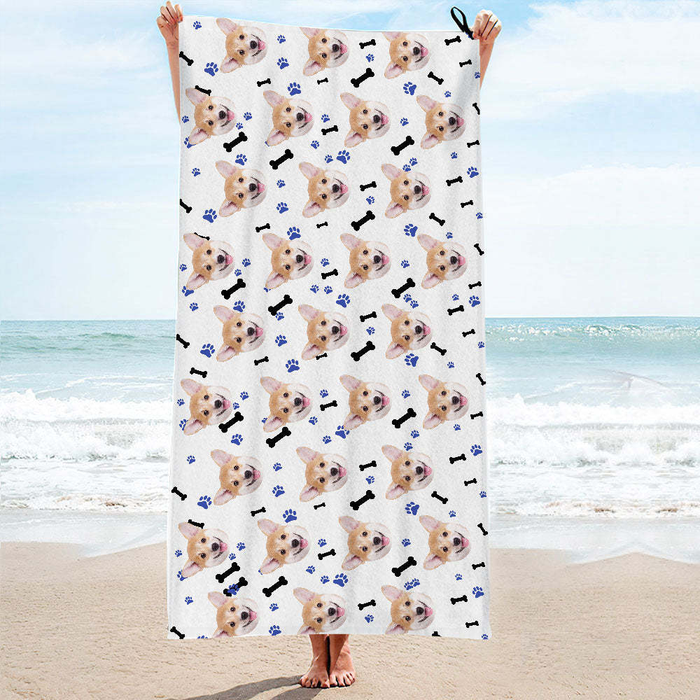 Custom Dog Faces Paw and Bone Beach Towel Personalized Photo Beach Towel Funny Gift - FaceBoxerUK