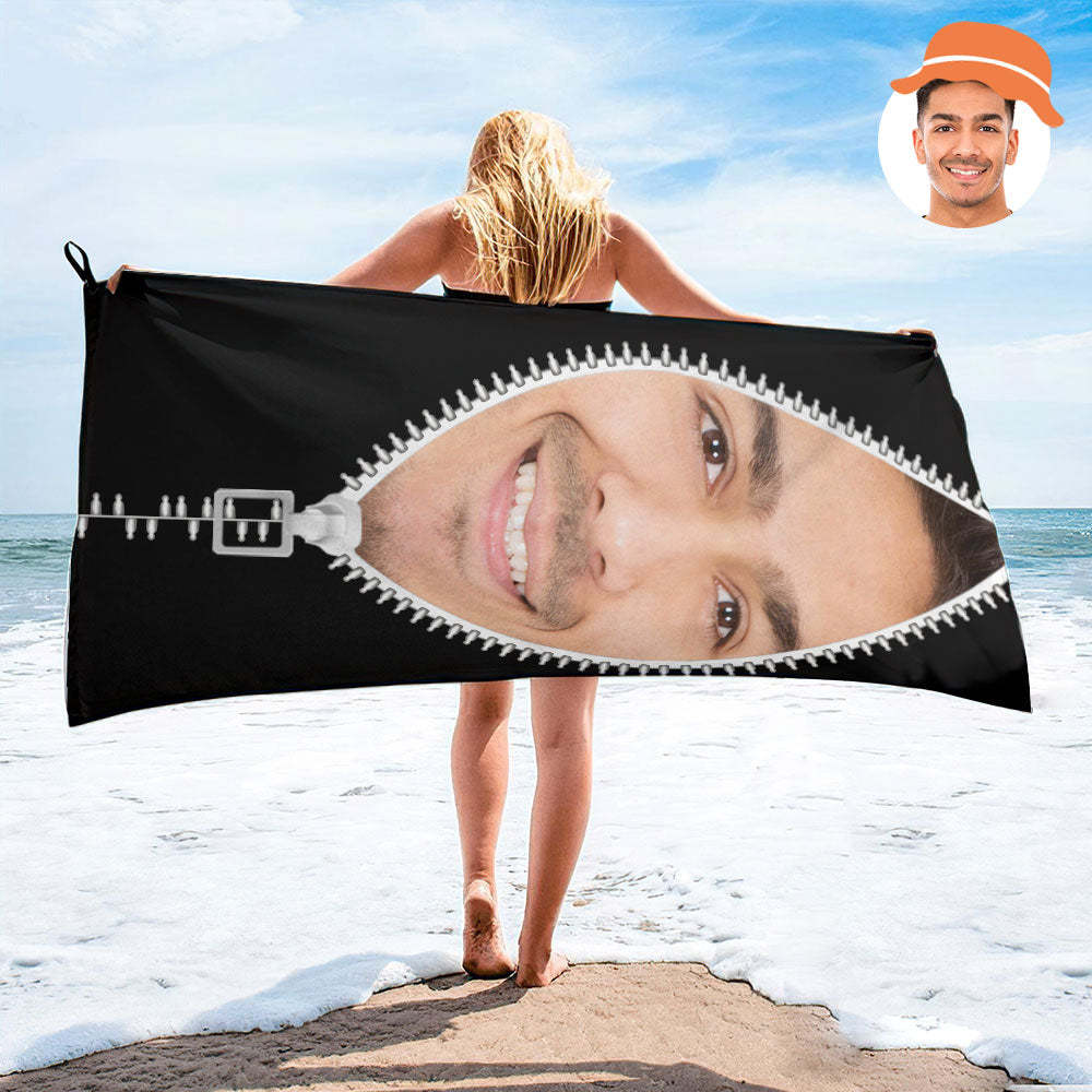 Custom Faces Zipper Beach Towel Personalized Photo Beach Towel Funny Gift - FaceBoxerUK