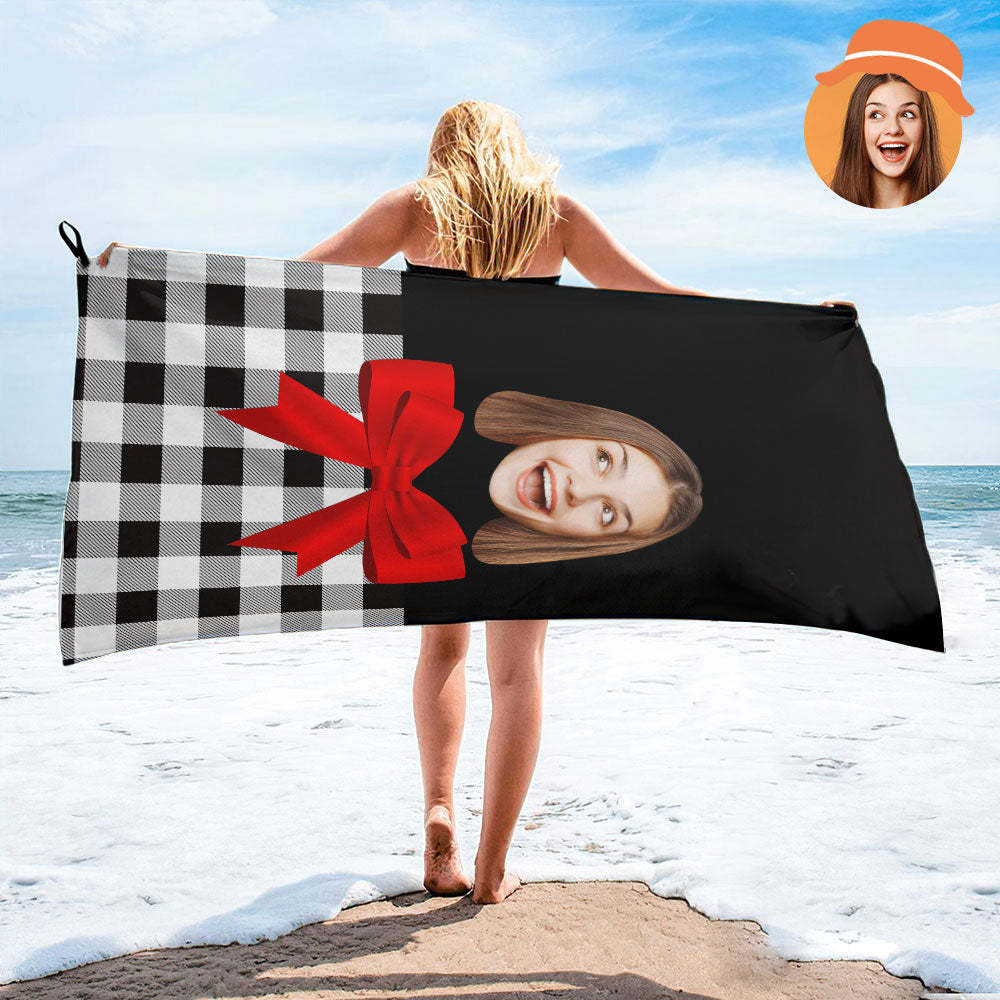 Custom Face Bow Beach Towel Personalized Photo Beach Towel Funny Gift - FaceBoxerUK