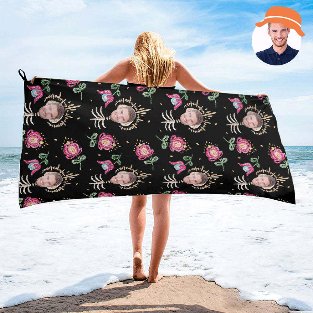 Custom Face Bone Flowers Beach Towel Personalized Photo Beach Towel Funny Gift - FaceBoxerUK