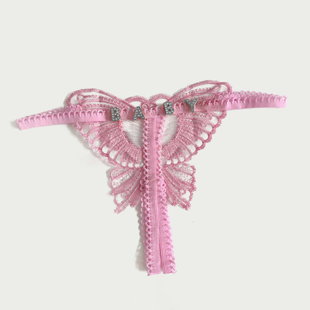 Custom Lace Hollow Butterfly Sexy Low Waist Panty with jewelry Crystal Letter Name Open Cut Thong Underpants Women's Underwear - FaceBoxerUK
