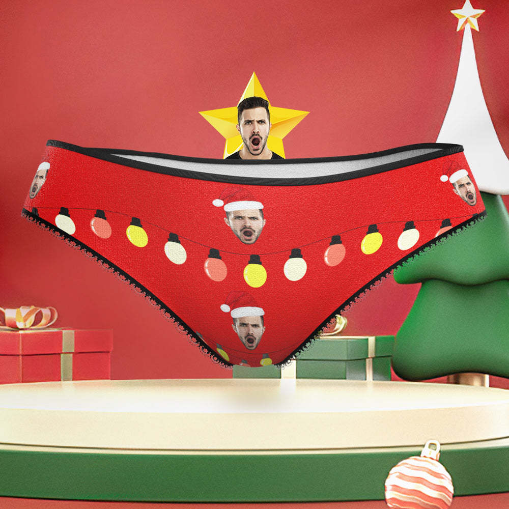 Custom Face with Santa Hat Christmas Lights Underwear Funny Christmas Panties for Her - FaceBoxerUK