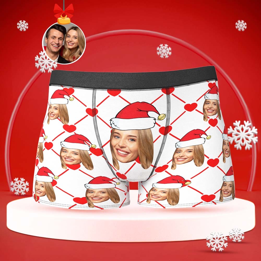 Custom Face Boxer with Girlfriend Picture Personalised Christmas Hat Pattern Men's Shorts - FaceBoxerUK