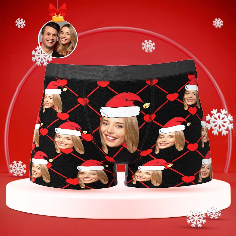 Custom Face Boxer with Girlfriend Picture Personalised Christmas Hat Pattern Men's Shorts - FaceBoxerUK