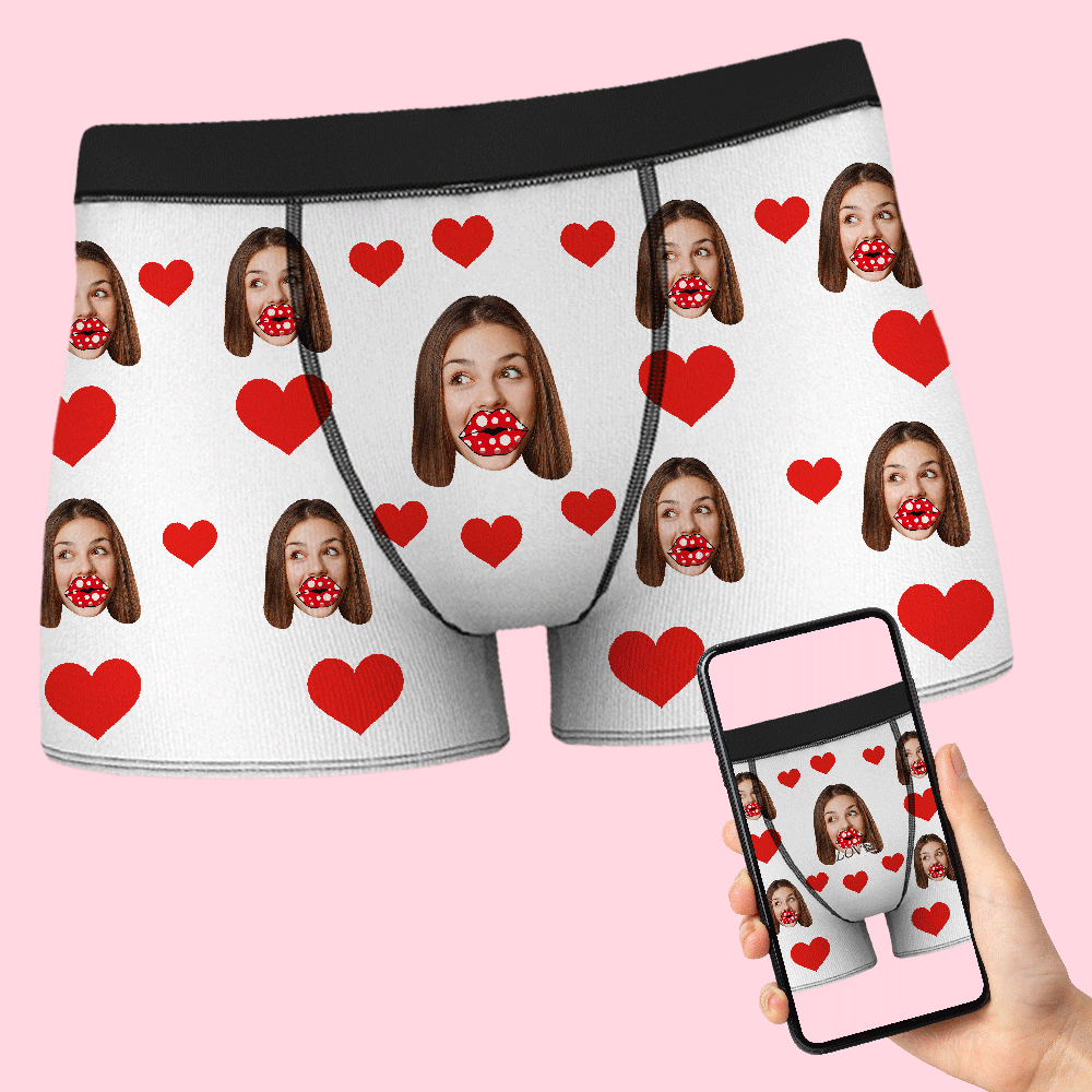 Custom Face Boxers AR View Personalised Heart and Lips Underwear Gift For Boyfriend - FaceBoxerUK