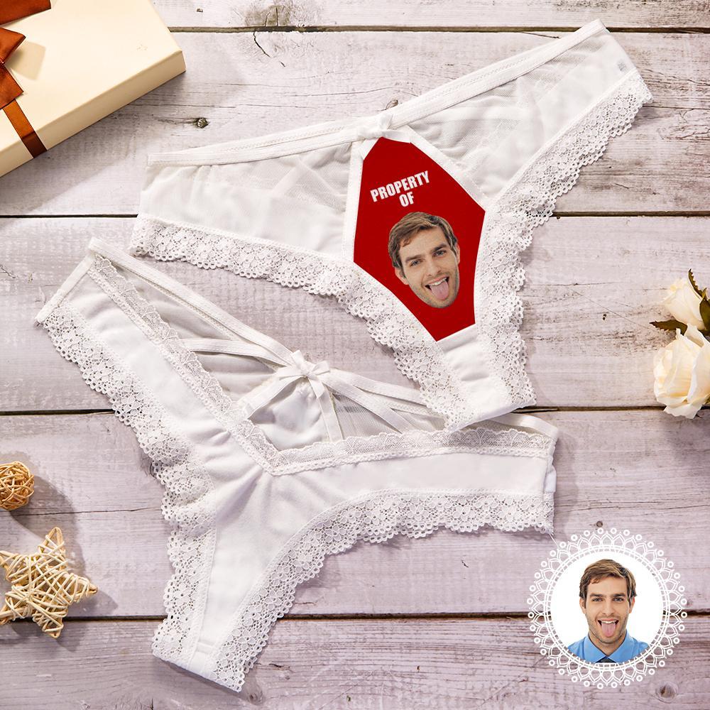 Custom Lace Thong Sexy White Lace Panties Funny Gift with Boyfriend Face - Property of - FaceBoxerUK