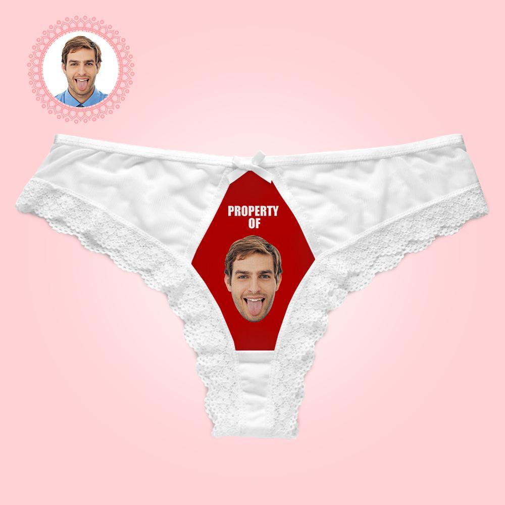 Custom Lace Thong Sexy White Lace Panties Funny Gift with Boyfriend Face - Property of - FaceBoxerUK