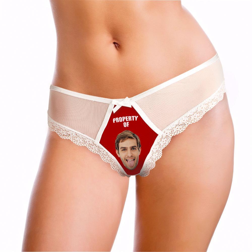 Custom Lace Thong Sexy White Lace Panties Funny Gift with Boyfriend Face - Property of - FaceBoxerUK