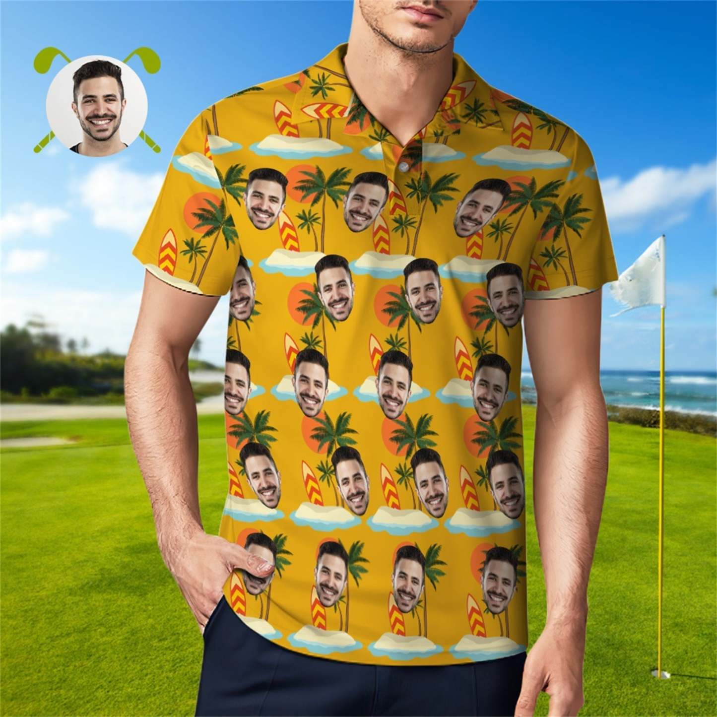 Custom Face Polo Shirt For Men Coconut Tree Beach Shirt Hawaiian Golf Shirts - FaceBoxerUK