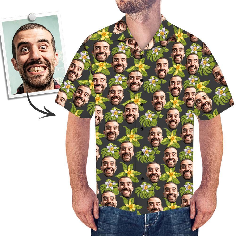 Custom Face Men's Hawaiian Shirt Green Flowers - faceboxeruk