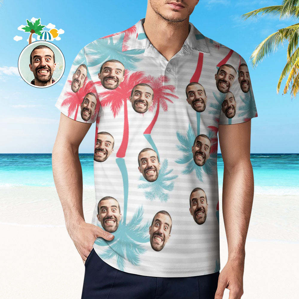 Men's Custom Face Polo Shirt Striped Style Personalised Hawaiian Golf Shirts - FaceBoxerUK