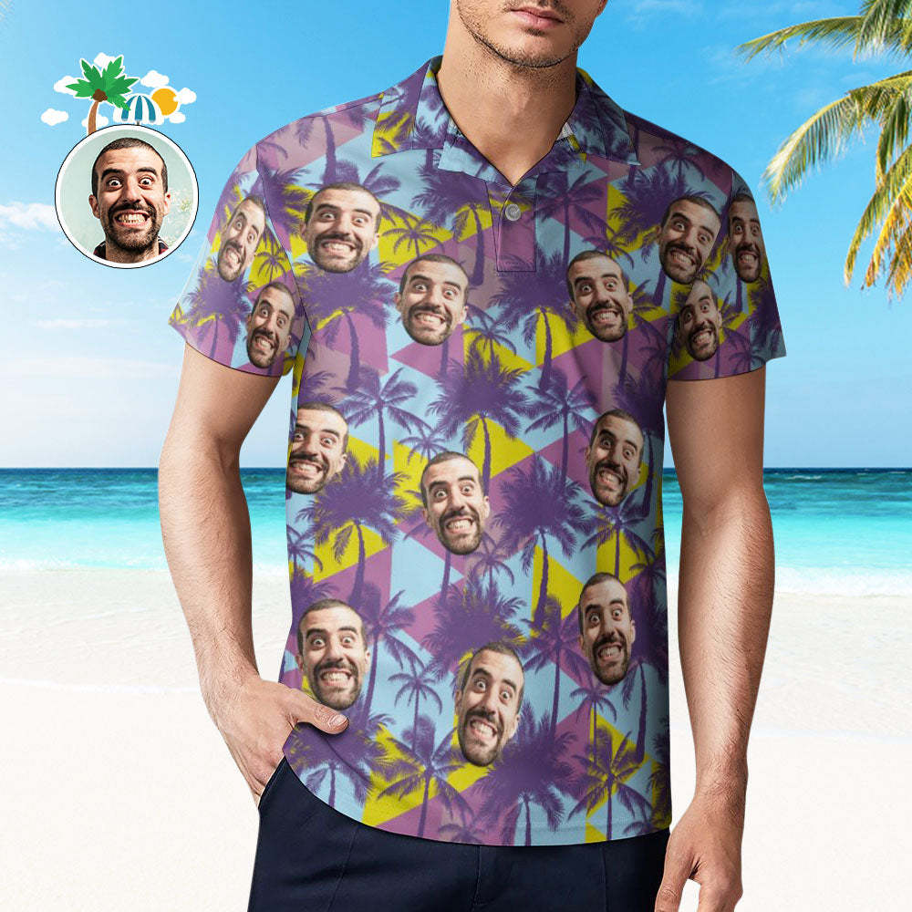 Men's Custom Face Polo Shirt Colorful Coconut Trees Personalised Hawaiian Golf Shirts - FaceBoxerUK