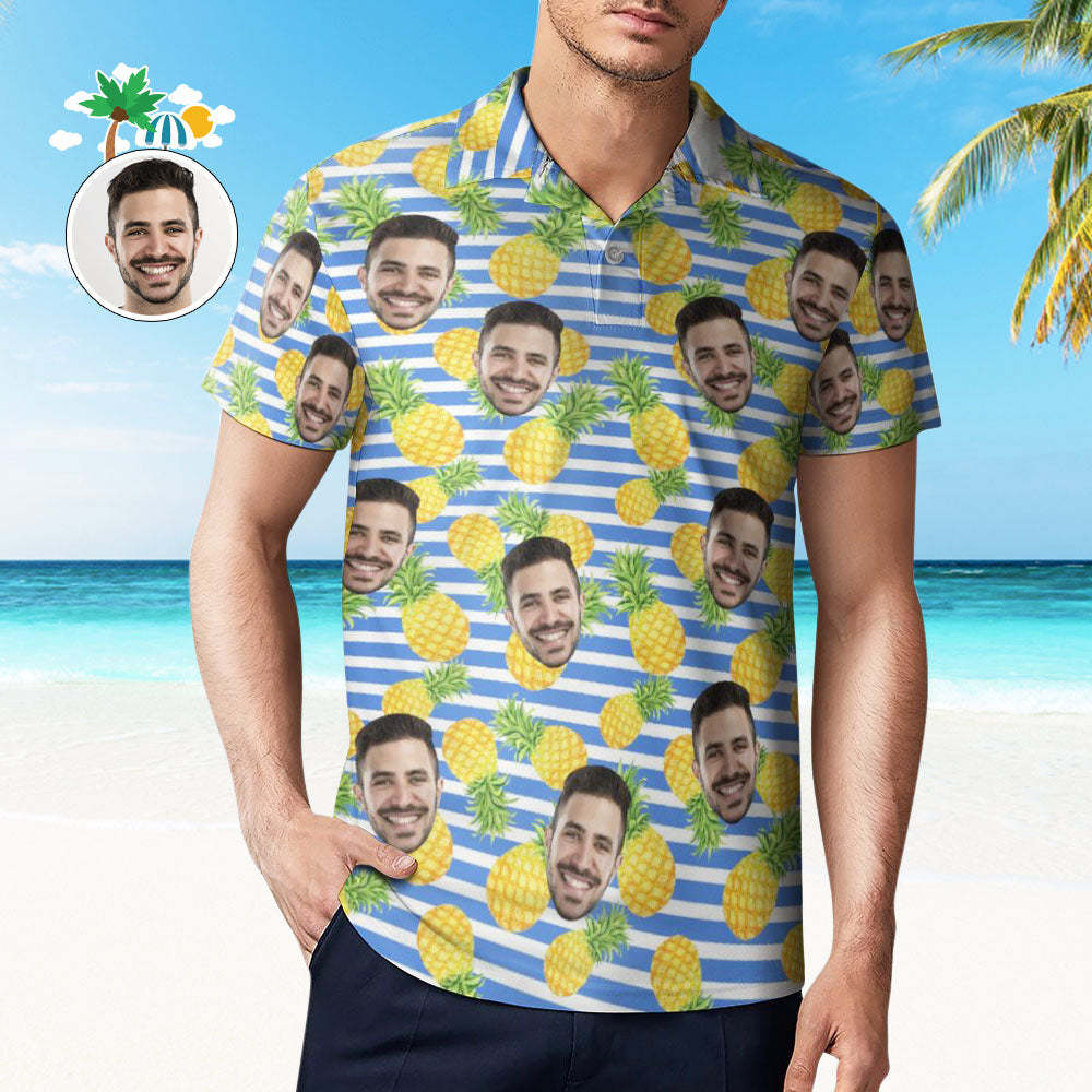 Men's Custom Face Polo Shirt Blue Stripes with Pineapples Personalised Hawaiian Golf Shirts - FaceBoxerUK
