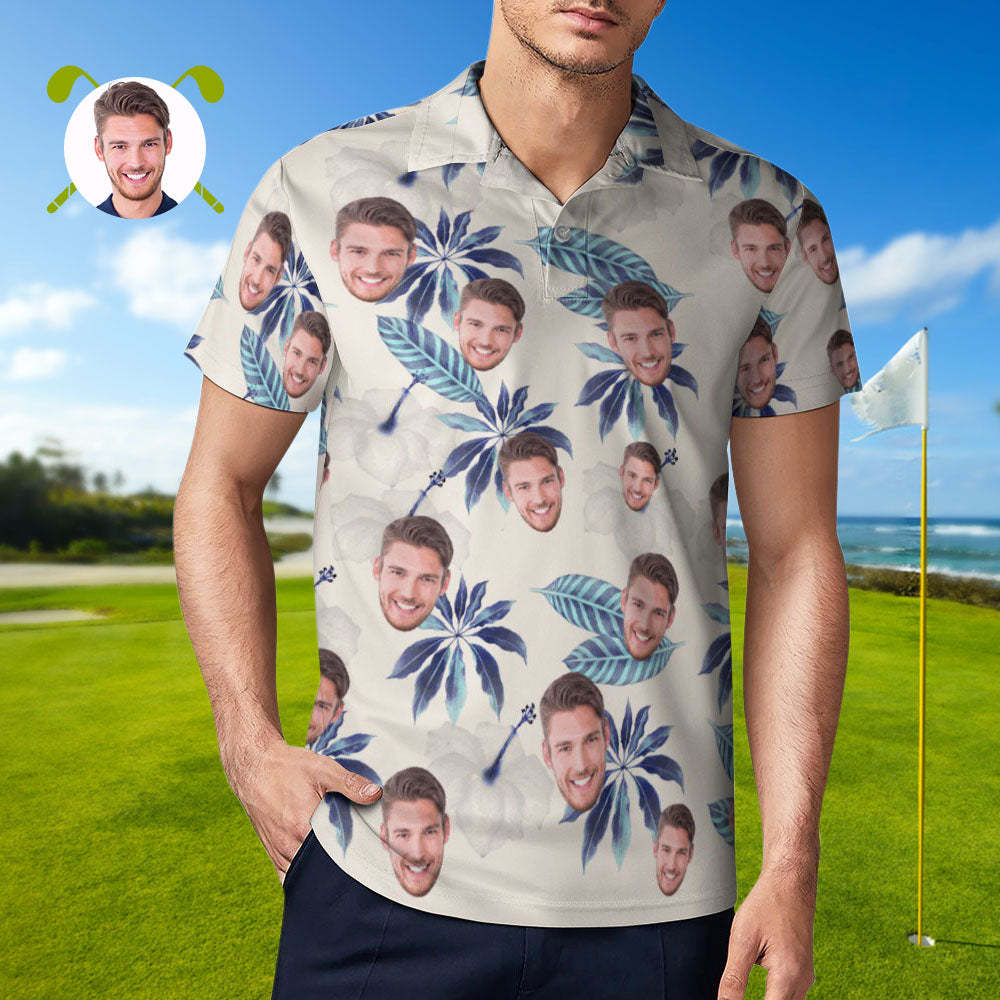Custom Face Polo Shirt For Men Flowers and Leaves Personalised Hawaiian Golf Shirts - FaceBoxerUK