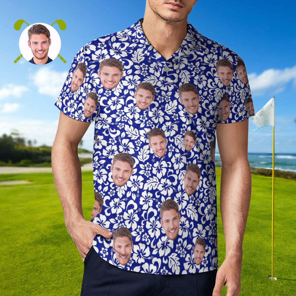 Custom Face Polo Shirt For Men Personalised Blue Hawaiian Golf Shirts - FaceBoxerUK