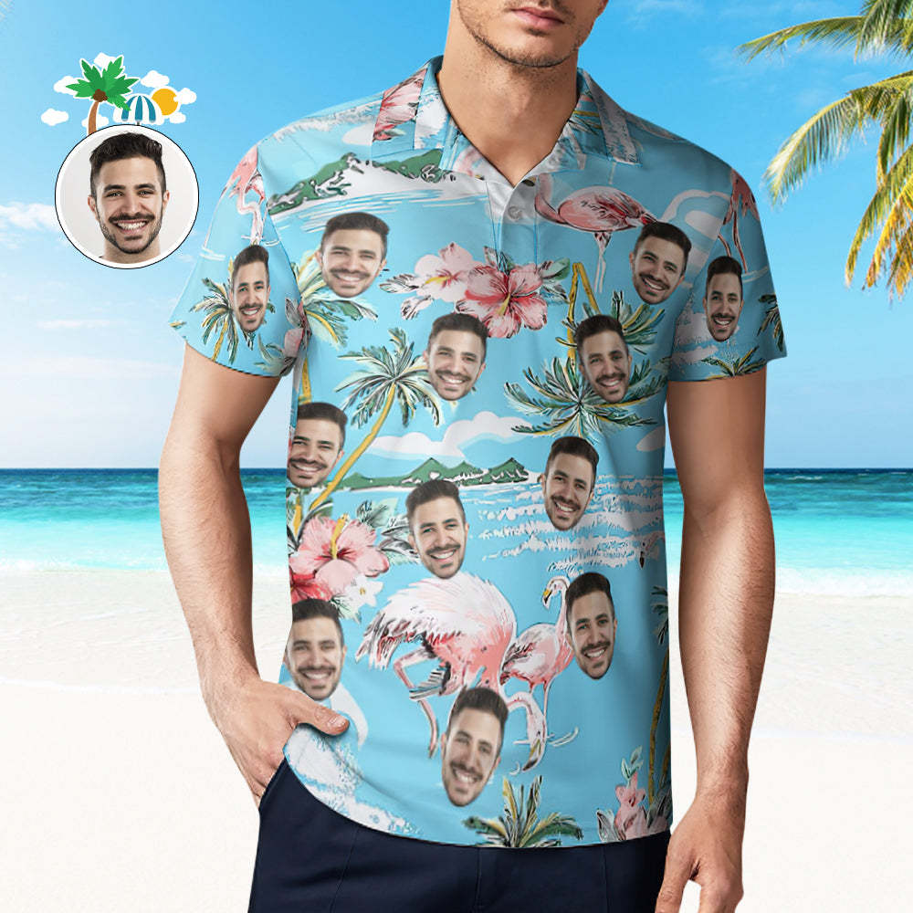 Men's Custom Face Polo Shirt Personalised Hawaiian Golf Shirts Flamingos