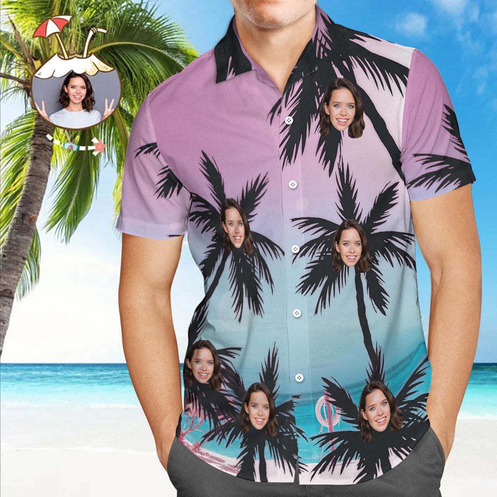 Custom Face All Over Print Beach Style Hawaiian Shirt Coconut Trees - faceboxeruk