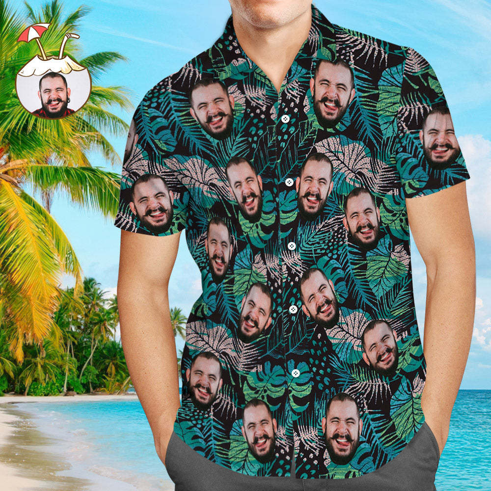 Custom Face Hawaiian Shirt Men's All Over Print Large Leaves Short Sleeve Shirt - faceboxeruk