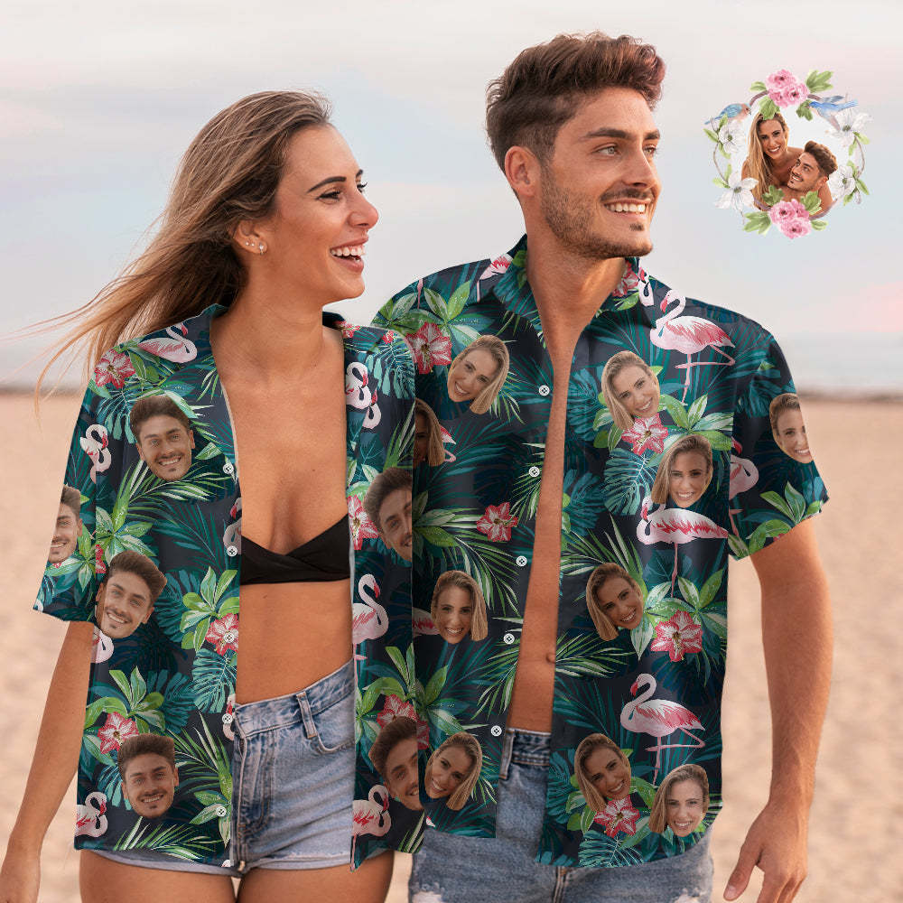 Custom Face All Over Print Hawaiian Shirt Flamingo Flowers And Leaves - faceboxeruk
