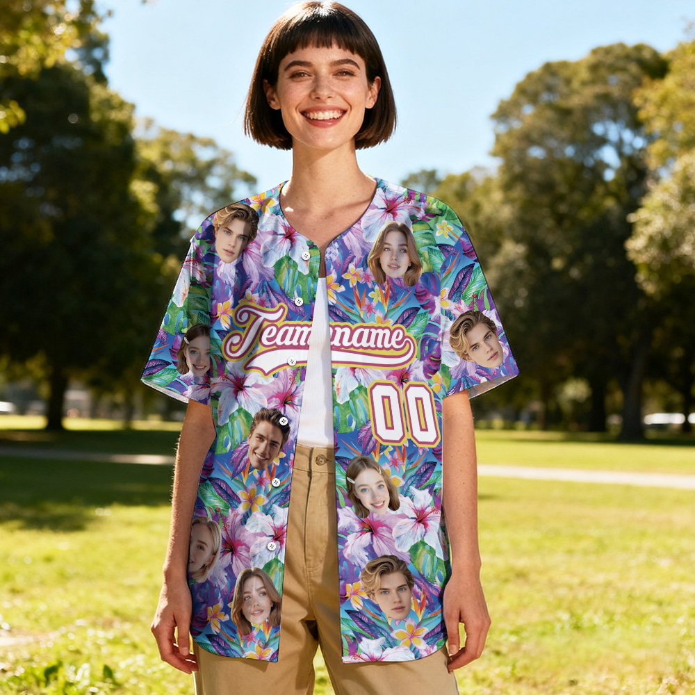 Personalized Hawaii Tropical Bloom Shirt for Women Custom Hawaiian Baseball Jersey with Face Teamname Name Number