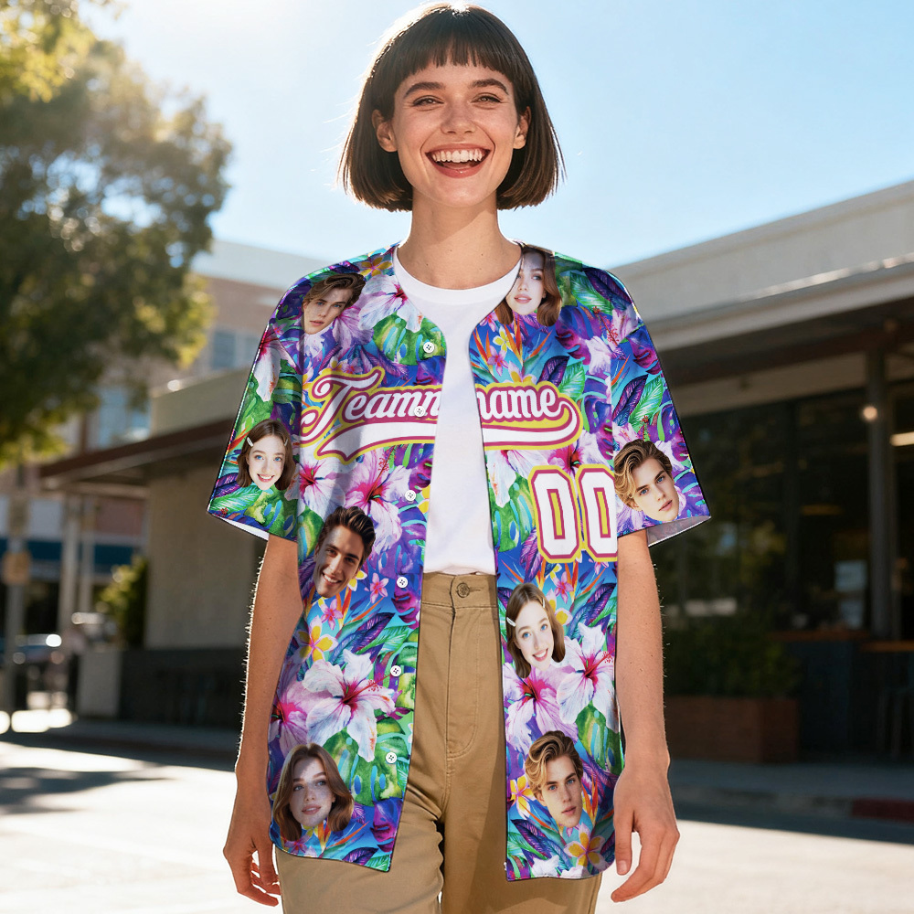 Personalized Hawaii Tropical Bloom Shirt for Women Custom Hawaiian Baseball Jersey with Face Teamname Name Number