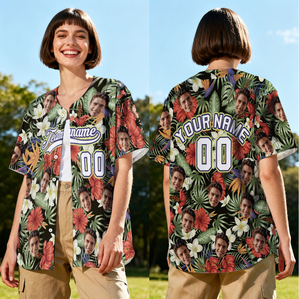 Personalized Hawaii Floral Shirt for Women Custom Hawaiian Baseball Jersey with Face Teamname Name Number