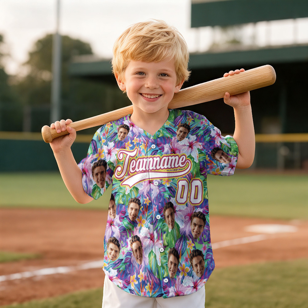 Personalized Hawaii Floral Shirt for Kids Custom Hawaiian Baseball Jersey with Face Teamname Name Number