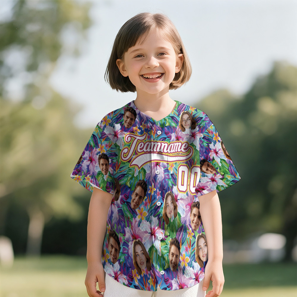 Personalized Hawaii Floral Shirt for Kids Custom Hawaiian Baseball Jersey with Face Teamname Name Number