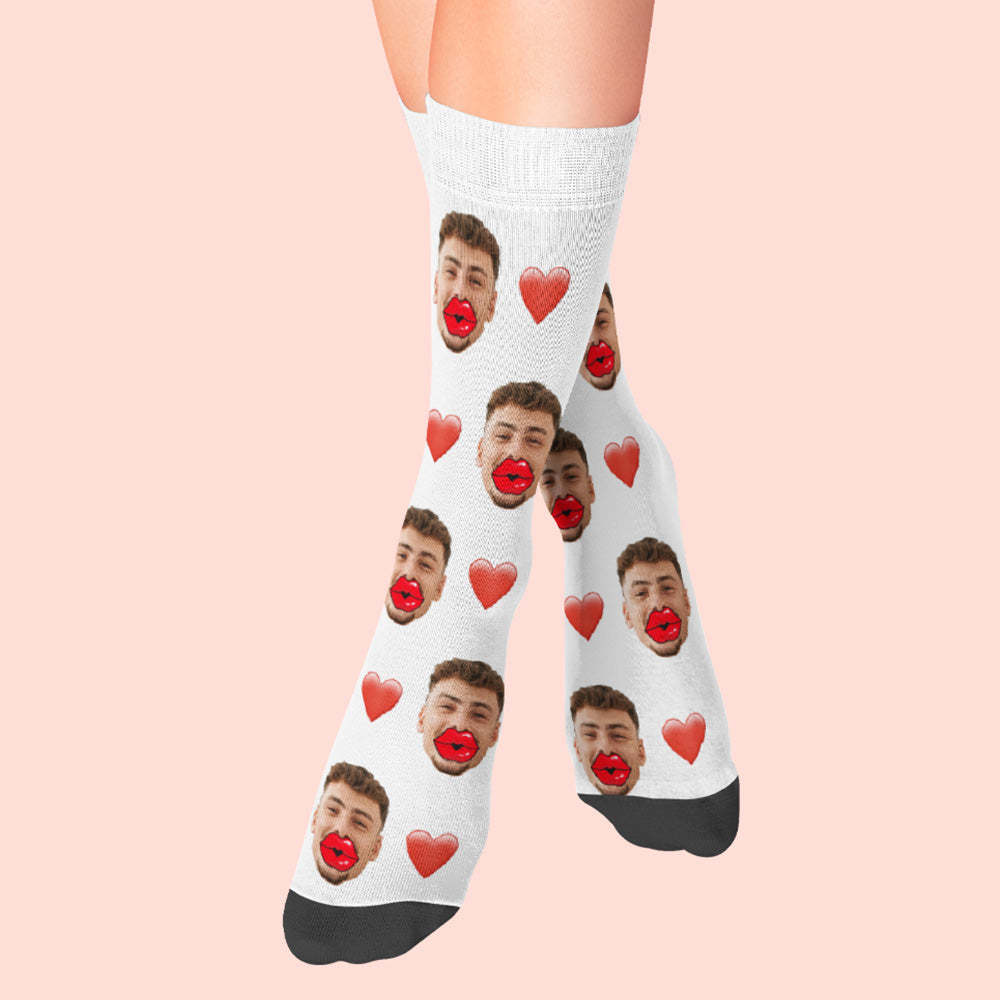 Custom Face Socks AR View Heart and Red Lips Socks Valentine's Day Gift - FaceBoxerUK