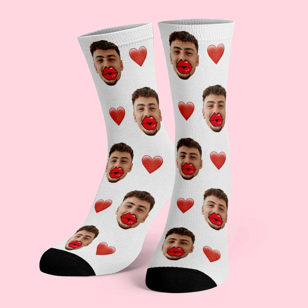 Custom Face Socks AR View Heart and Red Lips Socks Valentine's Day Gift - FaceBoxerUK