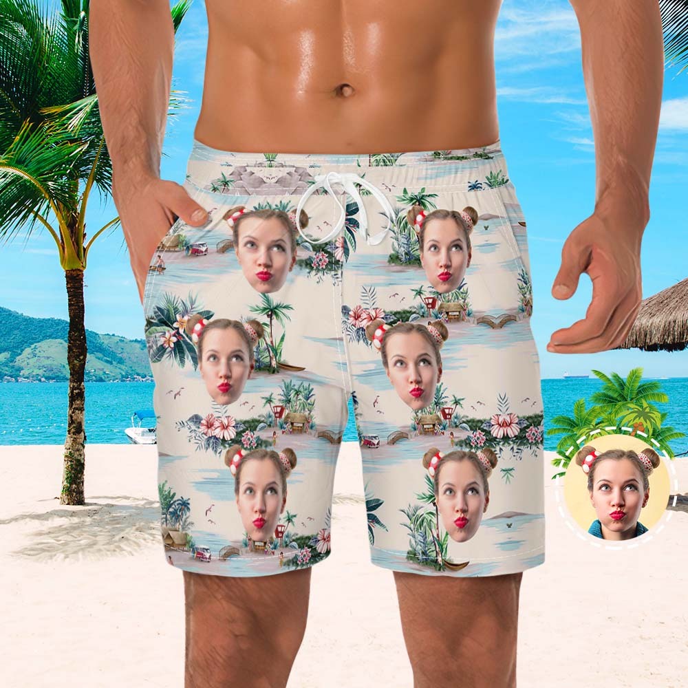 Men's Custom Face Beach Trunks Photo Shorts - FaceBoxerUK