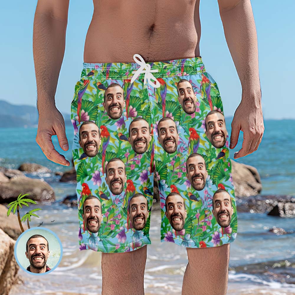 Men's Custom Face Beach Trunks Photo Shorts - Rainforest - FaceBoxerUK